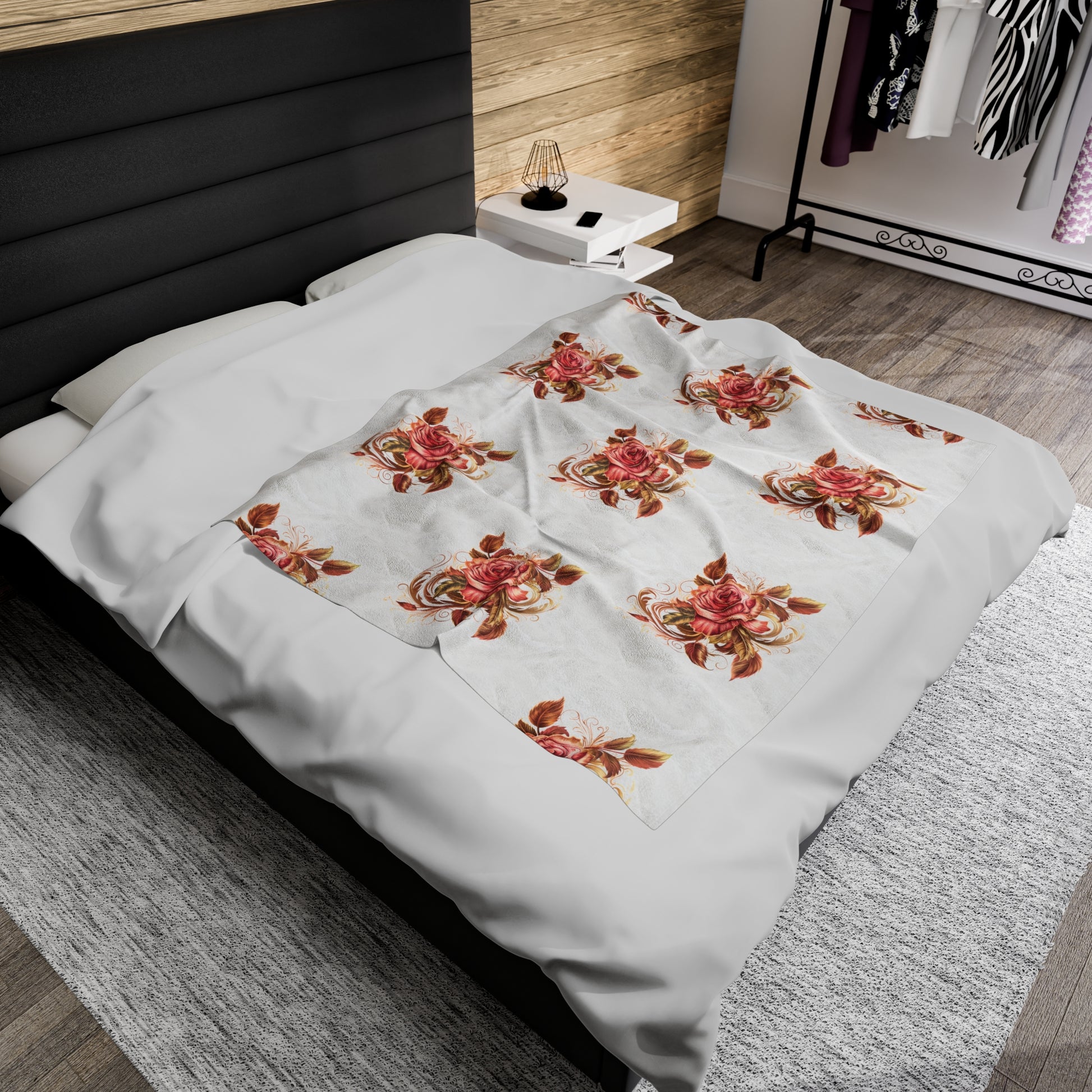 Velveteen Plush Blanket with beautiful grid design of pink roses surrounded by swirling leaves - Paraw