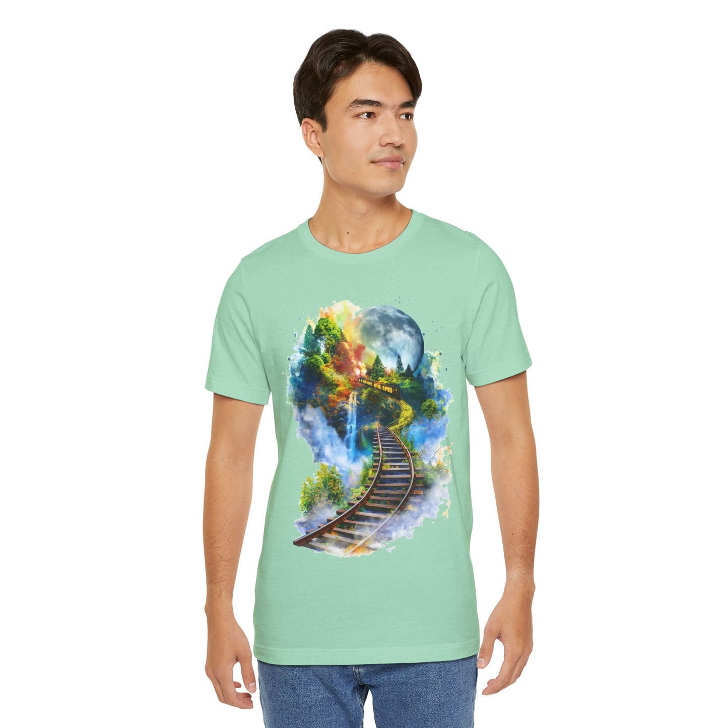 Unisex T-Shirt with 3D Watercolor Train Tracks and Enchanted Forest Design - Lightweight Fabric Tee