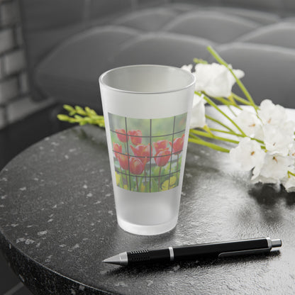 Frosted Pint Glass - Red Tulips and Yellow Flowers Grid Design (16oz)