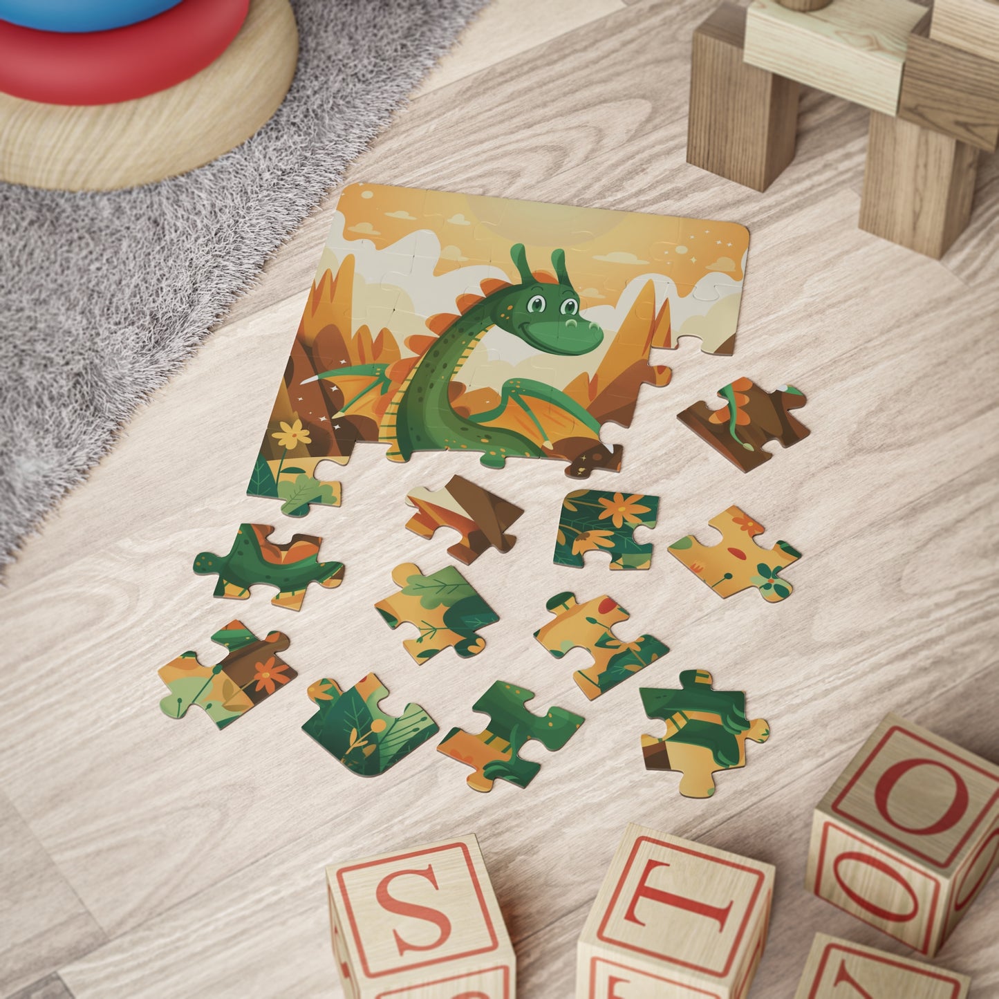 Kids' Puzzle, 30-Piece - Glowing Green Dragon and Golden Mountains Landscape Design - Paraw