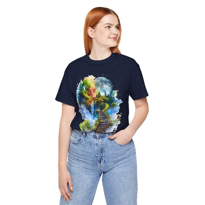 Unisex T-Shirt with 3D Watercolor Train Tracks and Enchanted Forest Design - Lightweight Fabric Tee