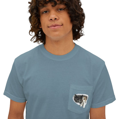 Cute 3D Cats in Pocket T-Shirt - Unisex Garment-Dyed Pocket Tee