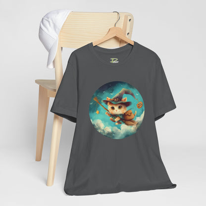 Charming Cat on Witch - Magician Stick T-shirt - Lightweight Fabric Tee