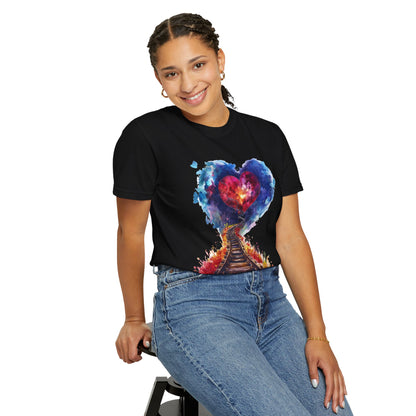 Unisex Garment-Dyed T-shirt - Journey of Heart - Train Tracks Coming out from Heart