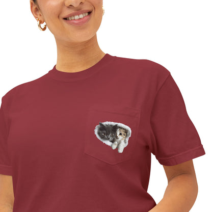 Cute 3D Cats in Pocket T-Shirt - Unisex Garment-Dyed Pocket Tee