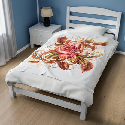 White Velveteen Plush Blanket with beautiful pink rose surrounded by swirling leaves