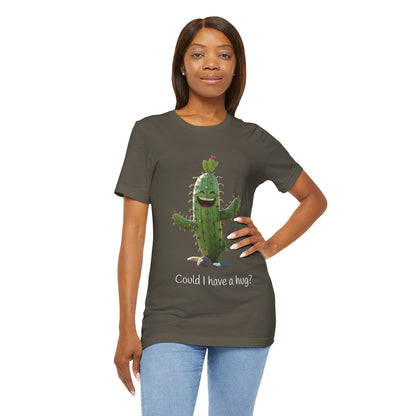 Dark Smiling Cactus Plant T-shirt -  'Could I Have a Hug?' - Lightweight Fabric Tee