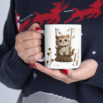 Ceramic Mug, Lovely and Playful Cat on Broomstick, (11oz, 15oz)