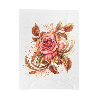 White Velveteen Plush Blanket with beautiful pink rose surrounded by swirling leaves