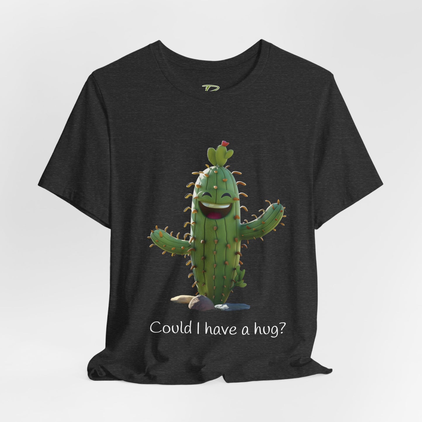 Dark Smiling Cactus Plant T-shirt -  'Could I Have a Hug?' - Lightweight Fabric Tee