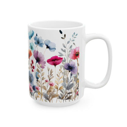 Ceramic Mug with beautiful watercolor flowers, (11oz, 15oz)