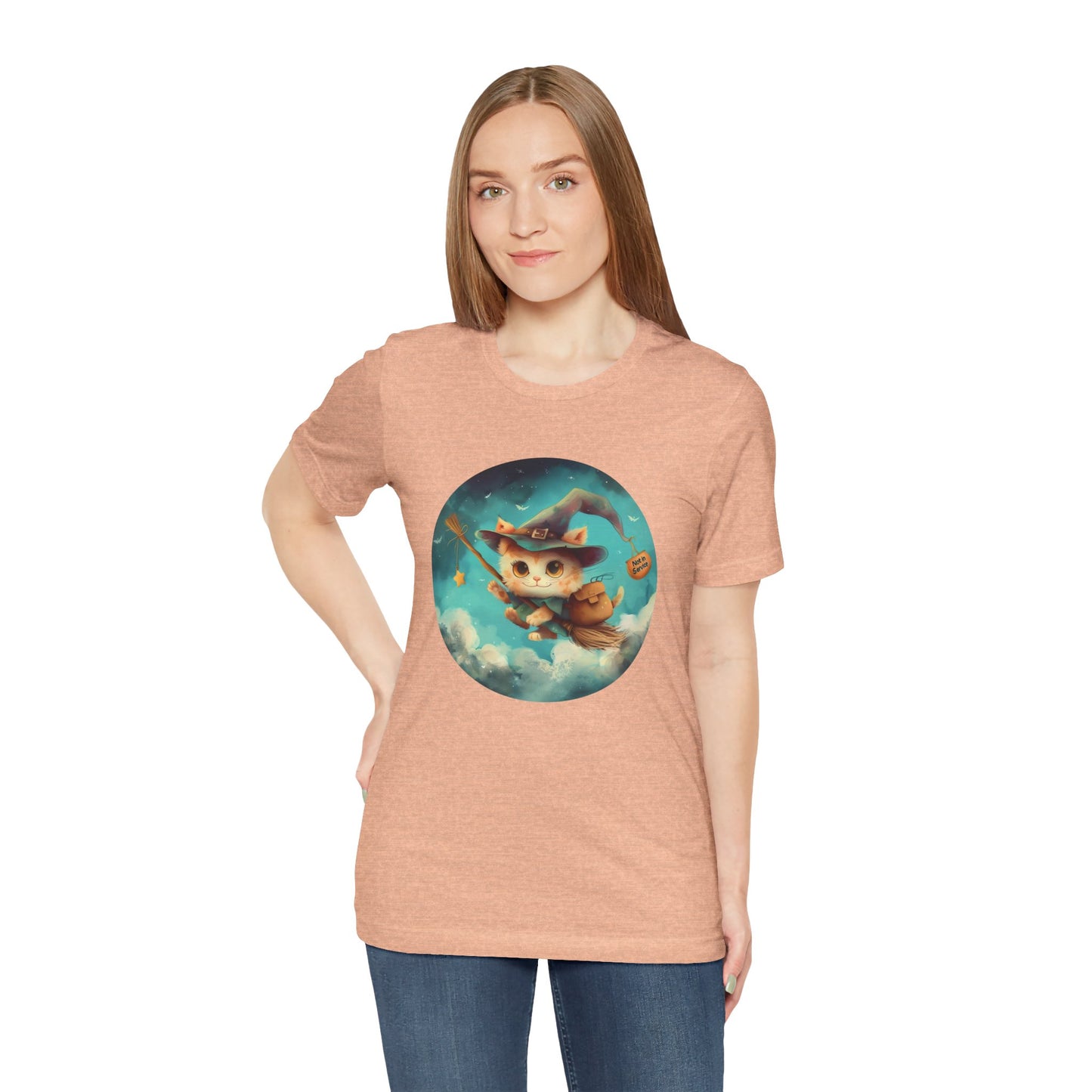 Charming Cat on Witch - Magician Stick T-shirt - Lightweight Fabric Tee