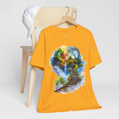 Unisex T-Shirt with 3D Watercolor Train Tracks and Enchanted Forest Design - Lightweight Fabric Tee