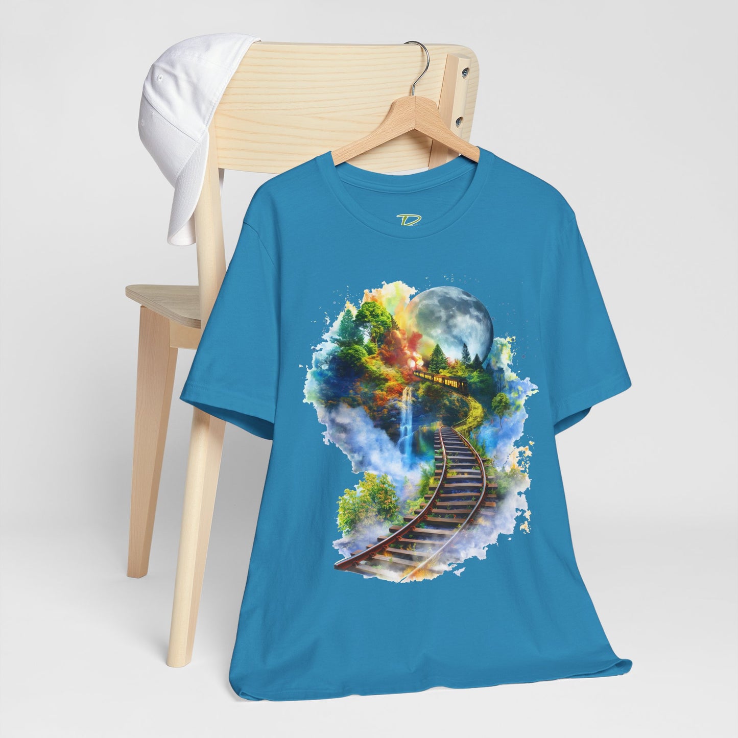 Unisex T-Shirt with 3D Watercolor Train Tracks and Enchanted Forest Design - Lightweight Fabric Tee