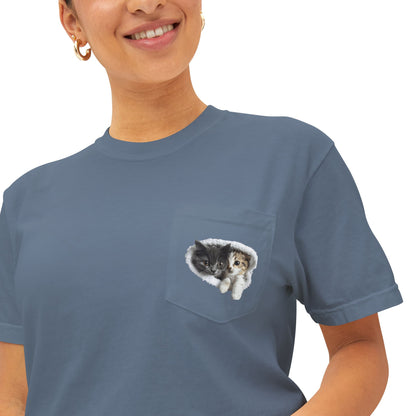 Cute 3D Cats in Pocket T-Shirt - Unisex Garment-Dyed Pocket Tee