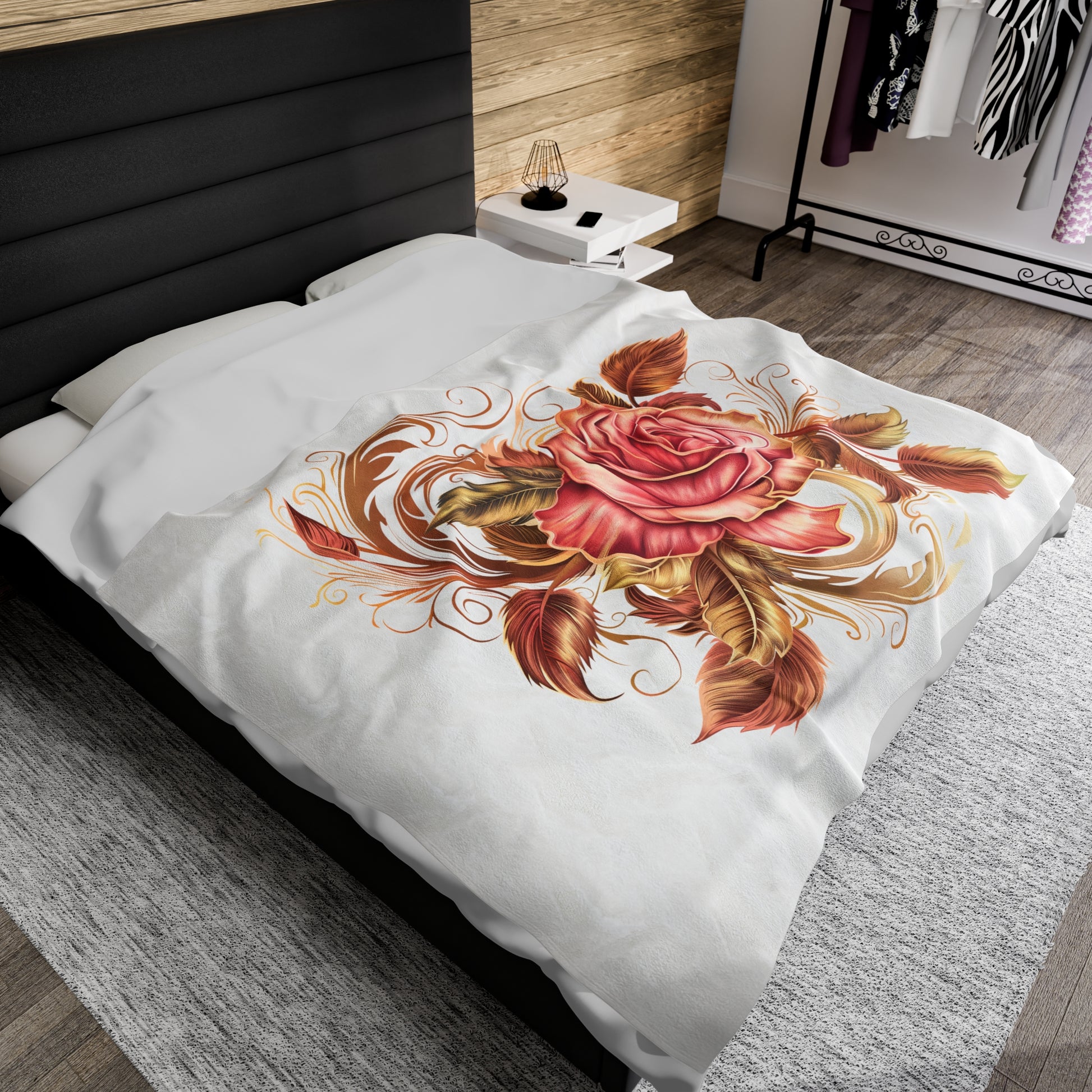 White Velveteen Plush Blanket with beautiful pink rose surrounded by swirling leaves - Paraw