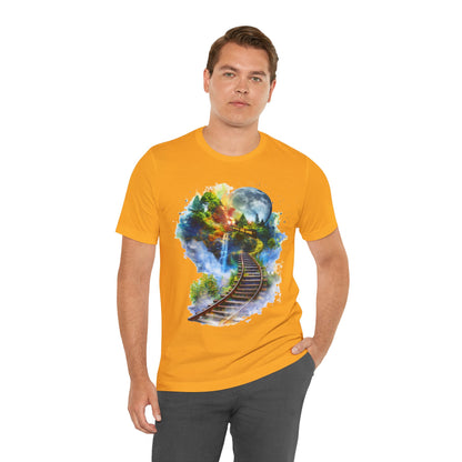 Unisex T-Shirt with 3D Watercolor Train Tracks and Enchanted Forest Design - Lightweight Fabric Tee