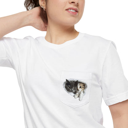 Cute 3D Cats in Unisex Pocket T-Shirt (White, Black, and Navy)