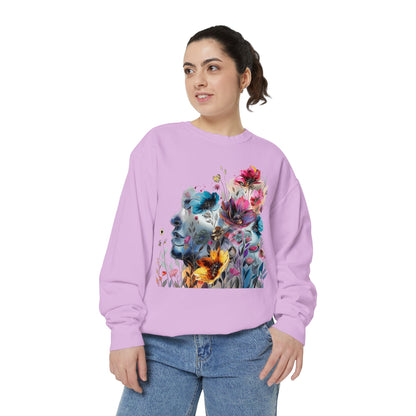 Floral Watercolor Garment-Dyed Sweatshirt - Women's Artistic Sweatshirt