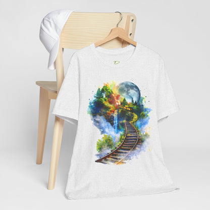 Unisex T-Shirt with 3D Watercolor Train Tracks and Enchanted Forest Design - Lightweight Fabric Tee