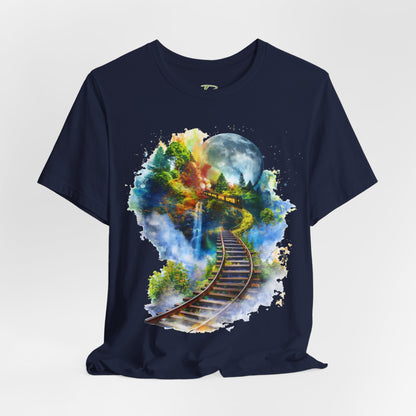 Unisex T-Shirt with 3D Watercolor Train Tracks and Enchanted Forest Design - Lightweight Fabric Tee