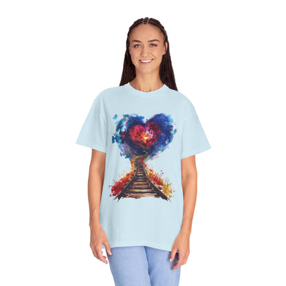 Unisex Garment-Dyed T-shirt - Journey of Heart - Train Tracks Coming out from Heart