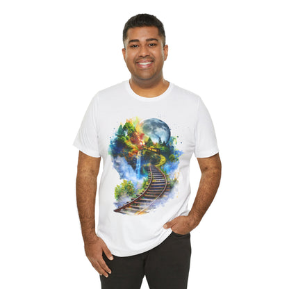 Unisex T-Shirt with 3D Watercolor Train Tracks and Enchanted Forest Design - Lightweight Fabric Tee