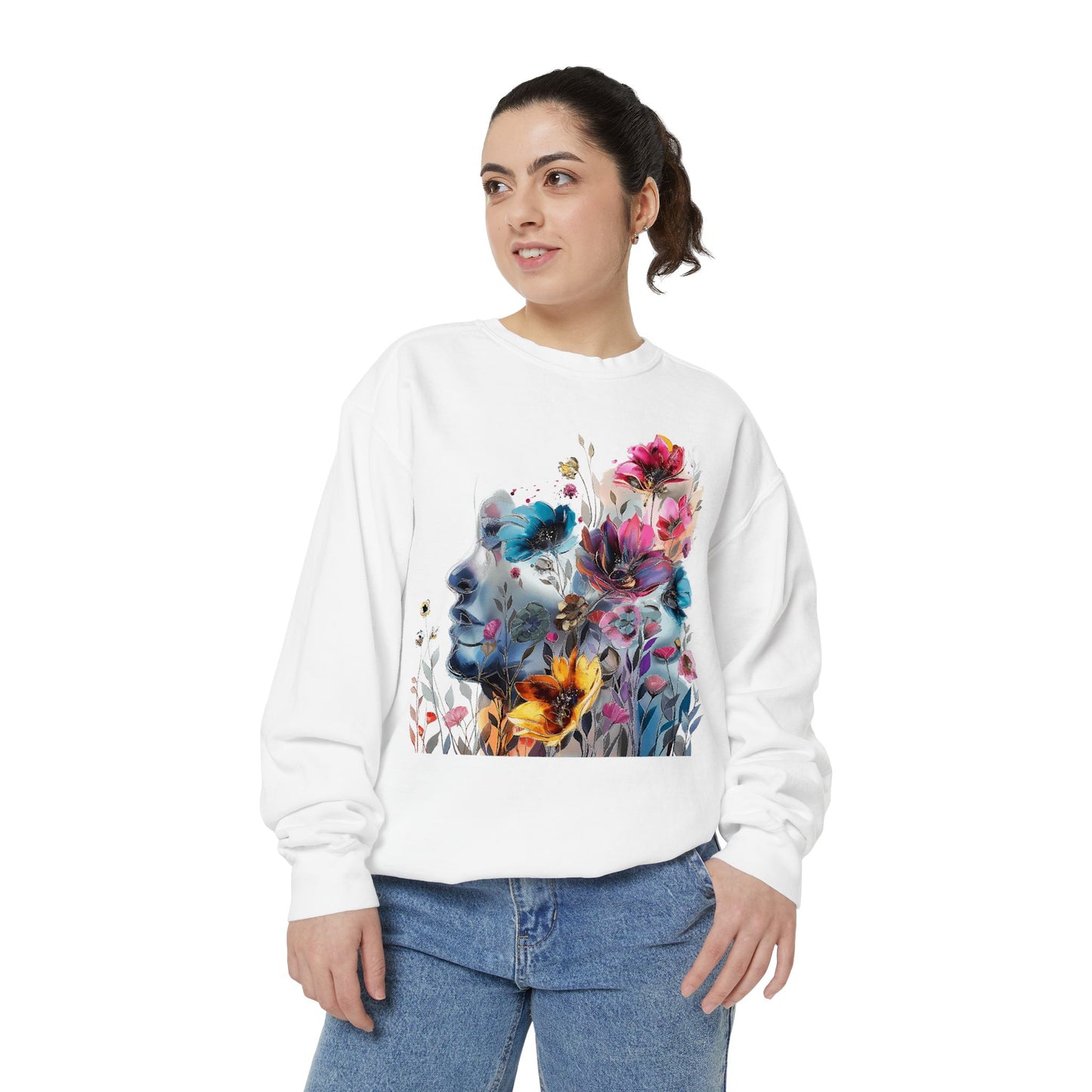 Floral Watercolor Garment-Dyed Sweatshirt - Women's Artistic Sweatshirt