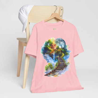 Unisex T-Shirt with 3D Watercolor Train Tracks and Enchanted Forest Design - Lightweight Fabric Tee