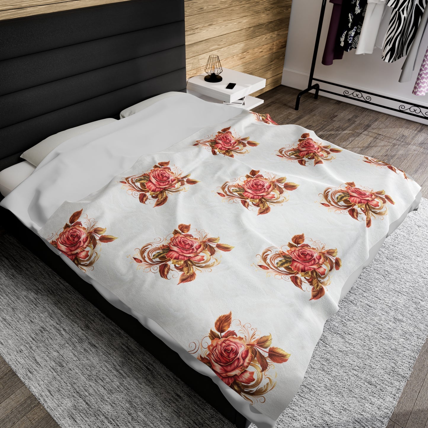 Velveteen Plush Blanket with beautiful grid design of pink roses surrounded by swirling leaves - Paraw