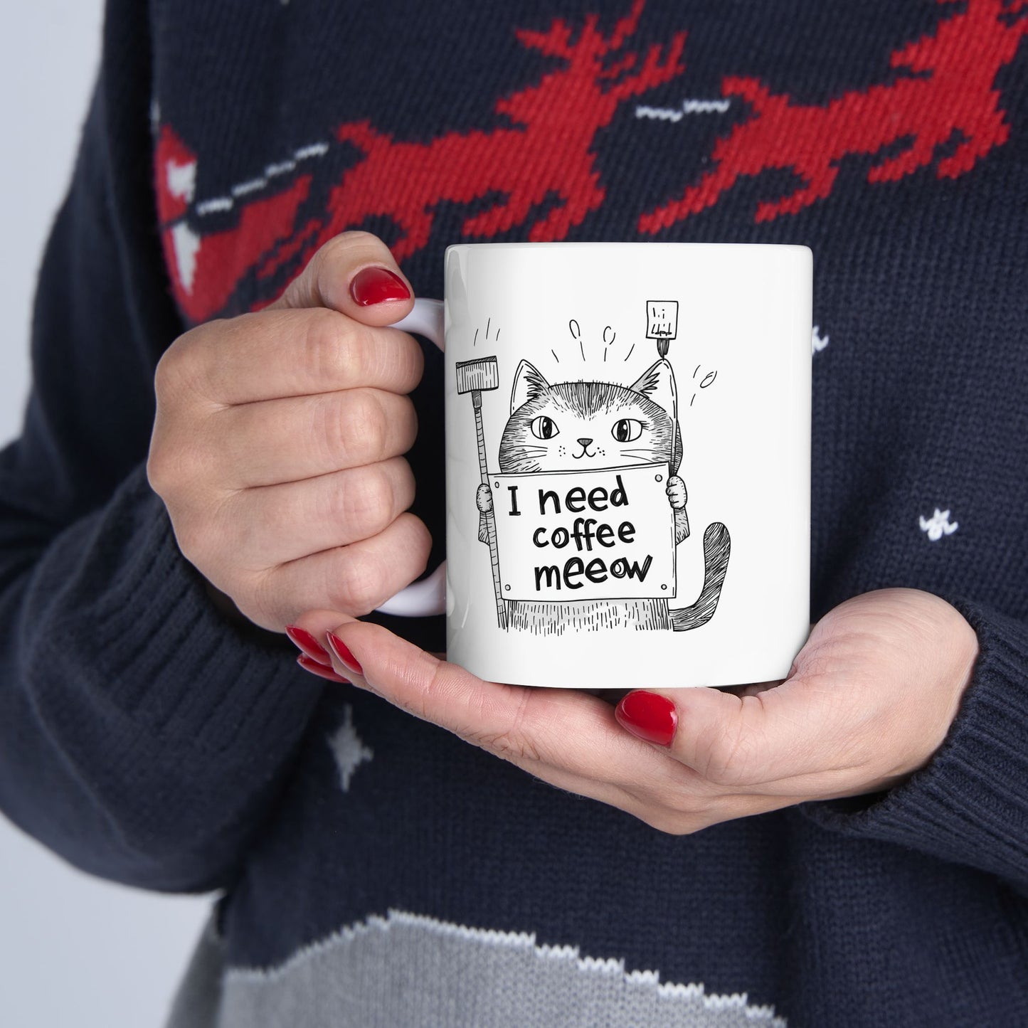 Ceramic Mug, (11oz, 15oz) - "I Need Coffee Meeow" Design with Cartoon Cat Mug