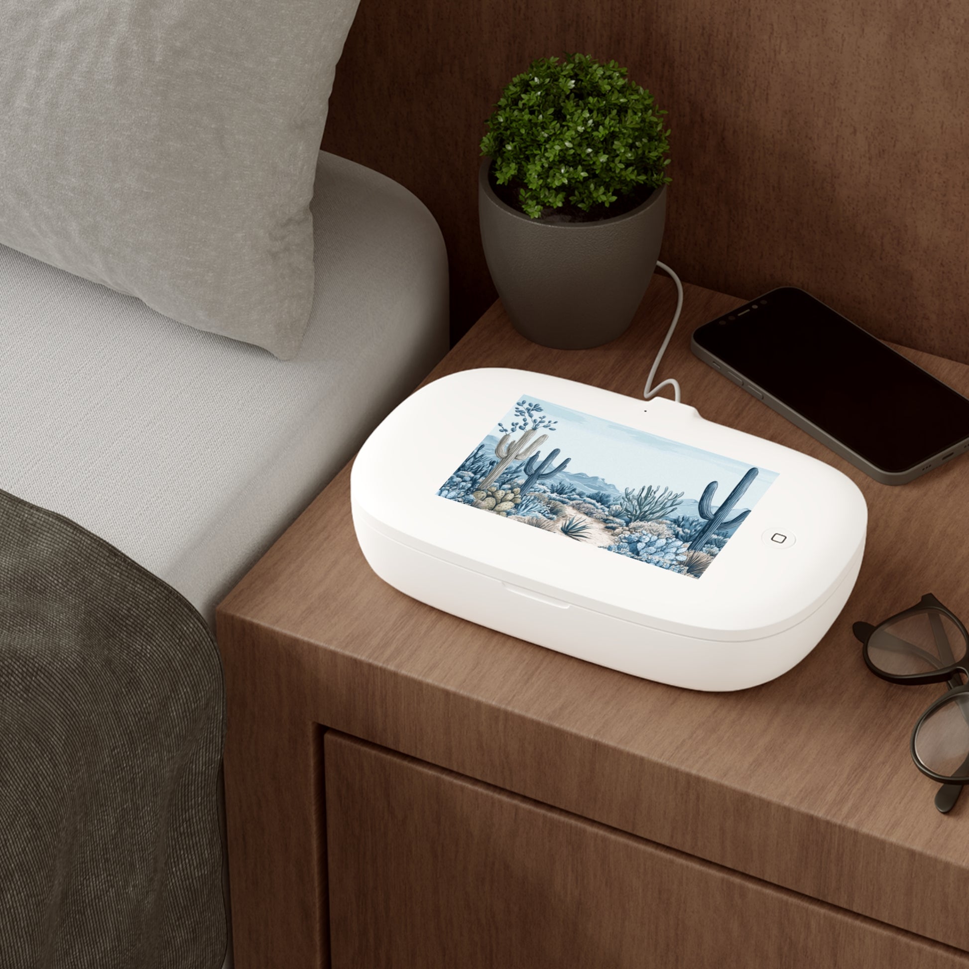 UV phone sanitizer and wireless charger with cactus motif