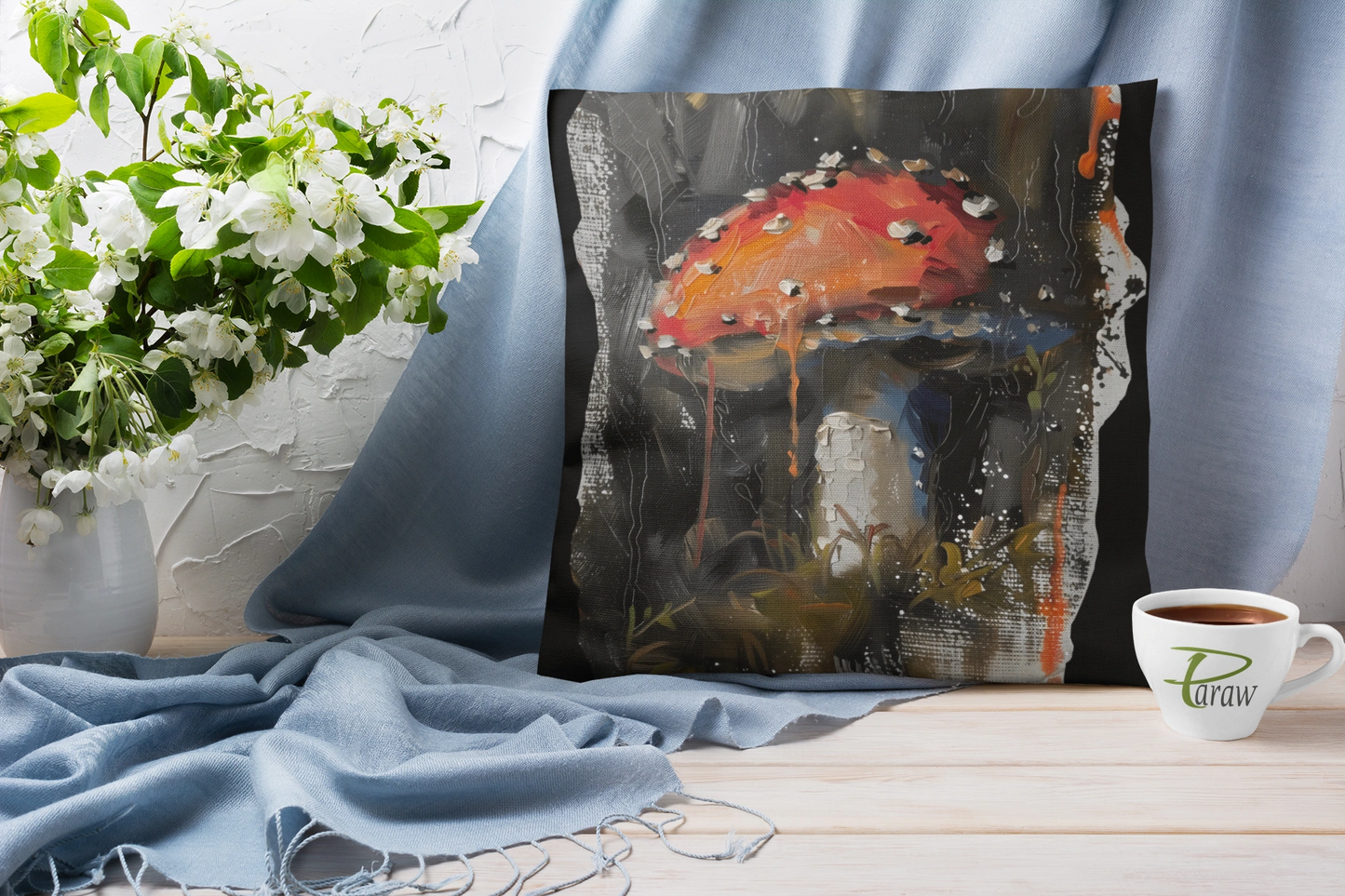 Mushroom Oil colored Square Cushion (Black)