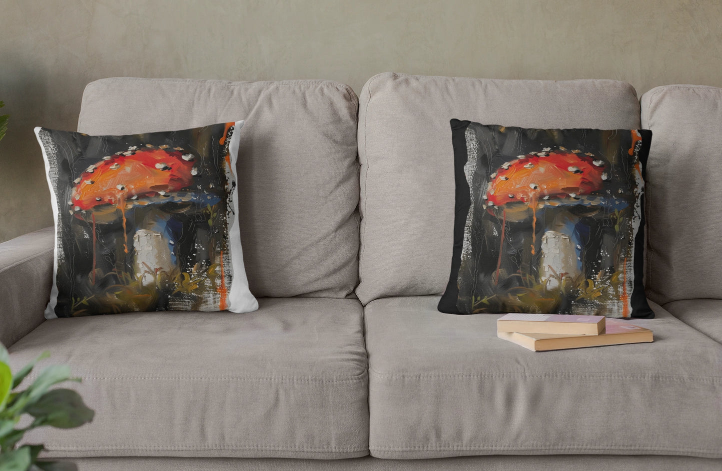 Mushroom Oil colored Square Cushion (White Background)