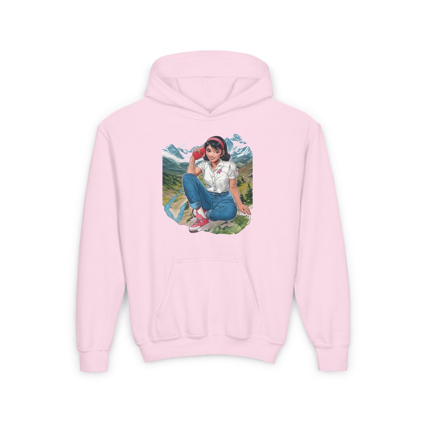 Pink Character hoodie with mountain design