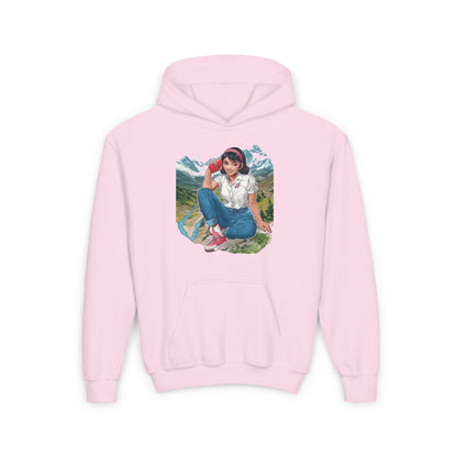 Pink Character hoodie with mountain design
