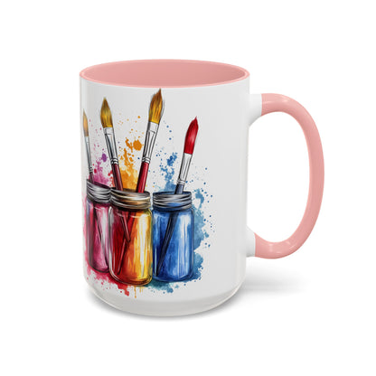 Paint Brushes Design Tea Cup - Accent Watercolor Coffee Mug, (11, 15oz)