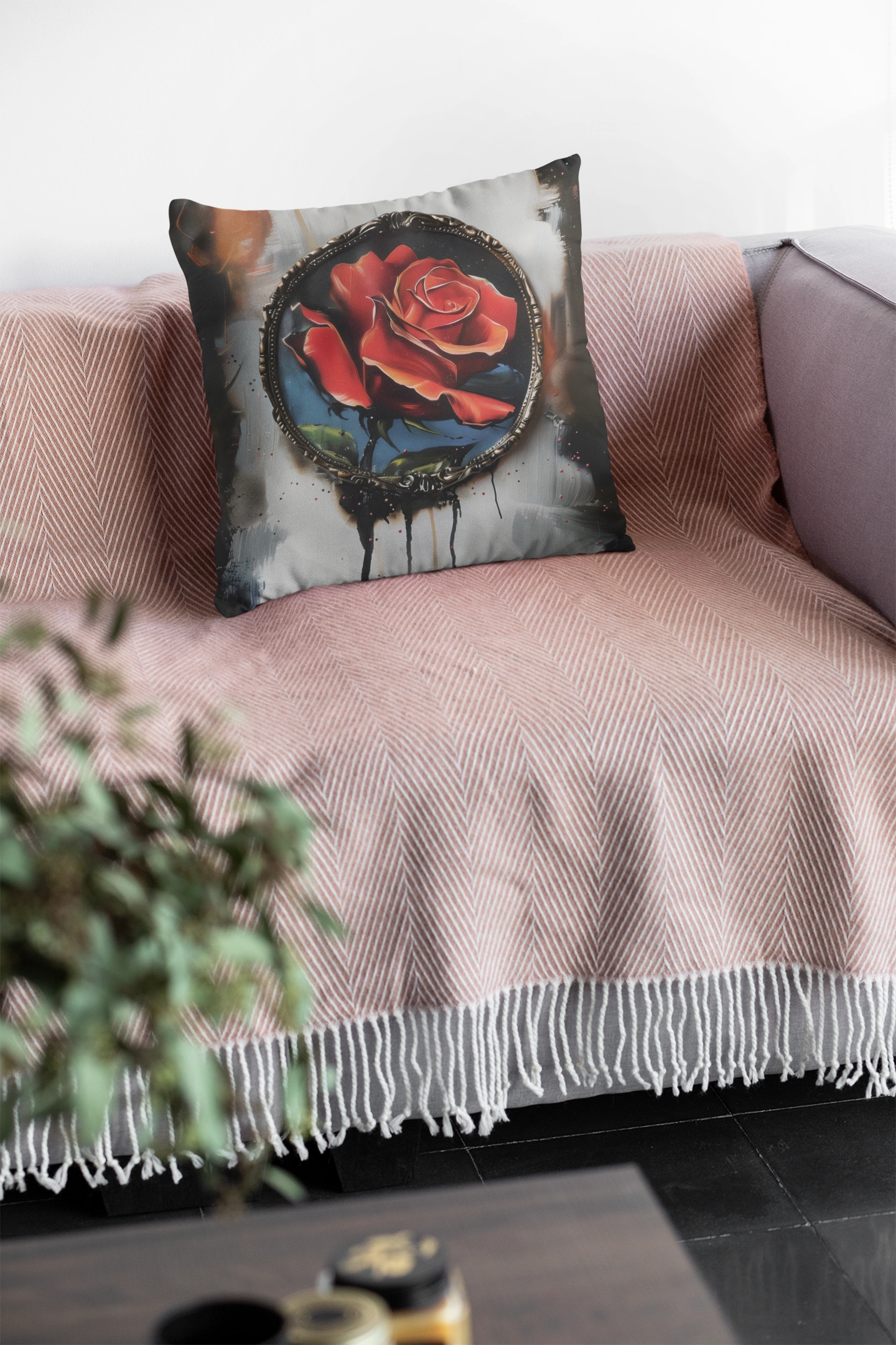 Rose Oil colored and Miniature Square Cushion white