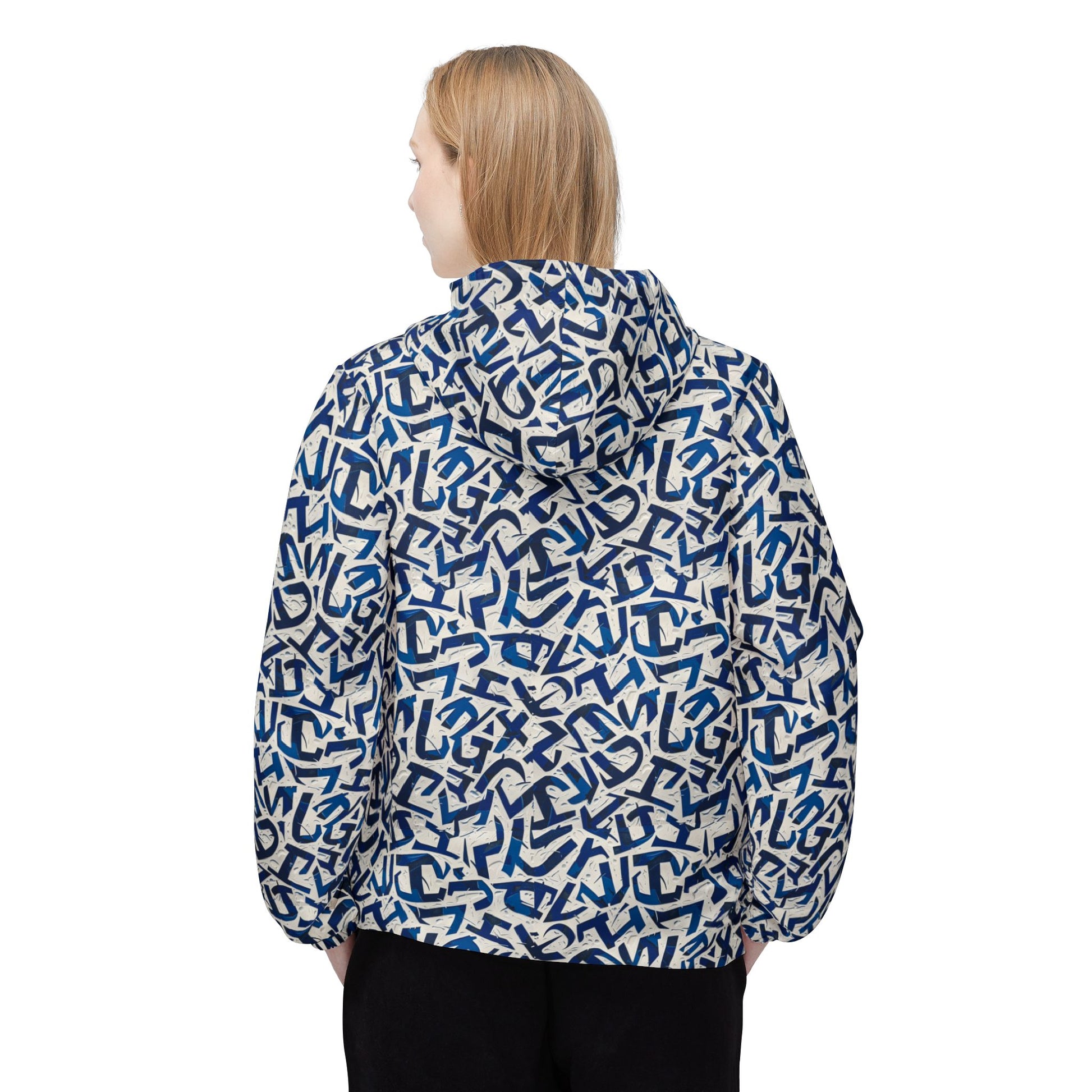 Blue lettering wind-resistant jacket