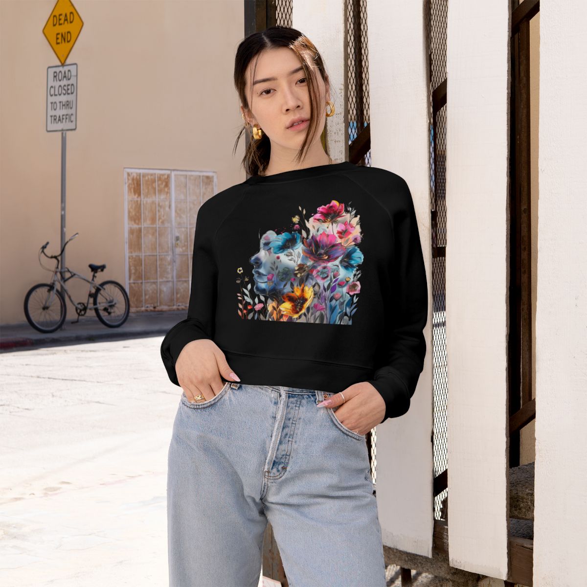 Women's Cropped Fleece Pullover with Floral Watercolor Design