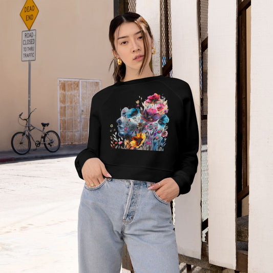 Women's Cropped Fleece Pullover with Floral Watercolor Design